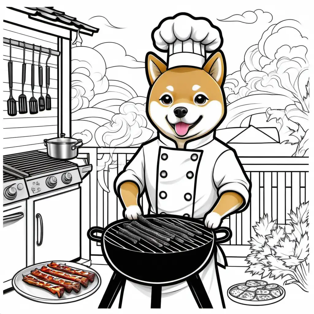 /imagine
a cute Shiba Inu dog chef, feature the chef BBQing outside, for coloring book with black and white color, crisp lines and white background--ar 17:22
