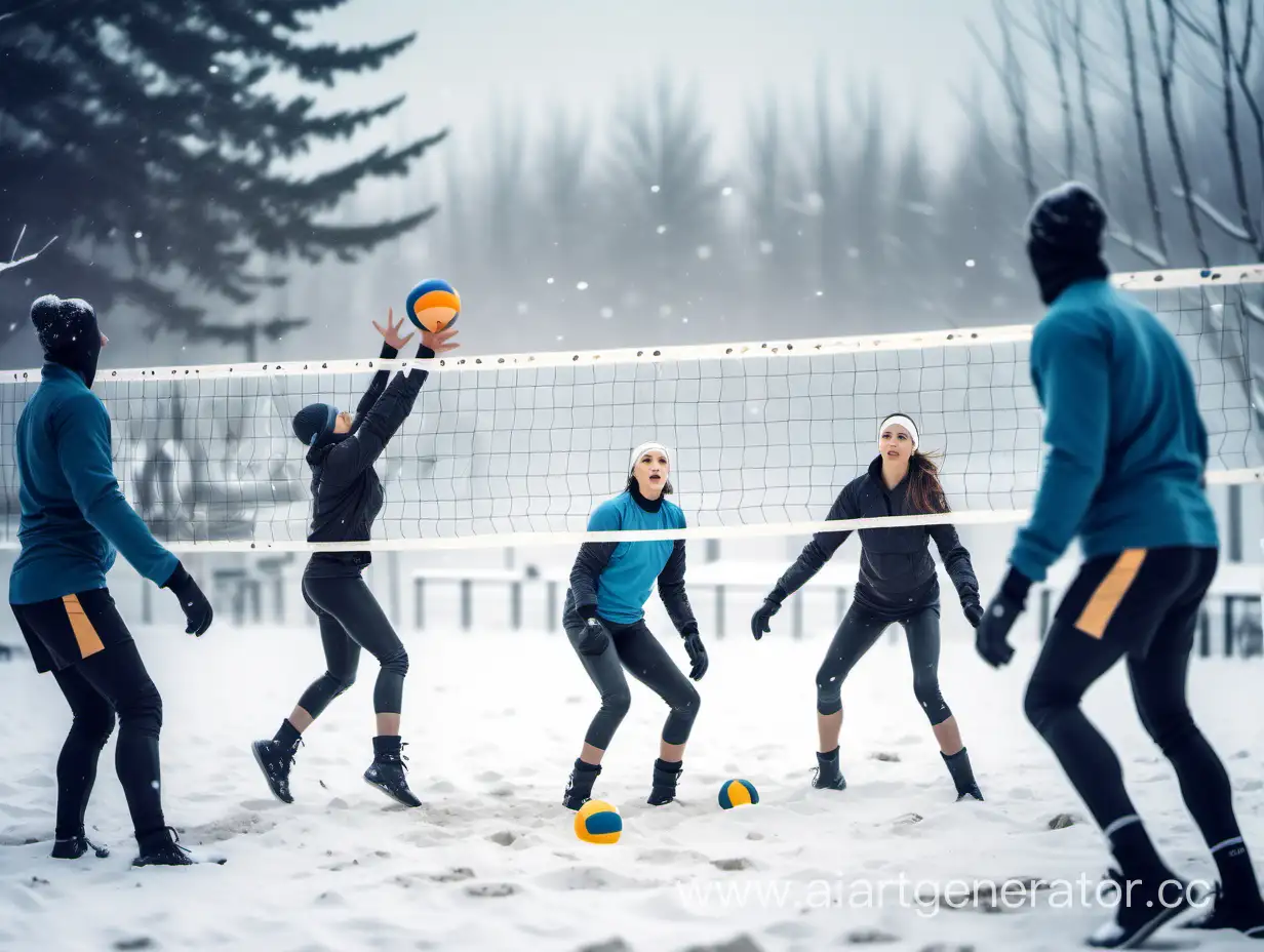 beach volleyball team is playing on the snow in winter sporting clothes and footwear, snowy trees blurry background, snow storm