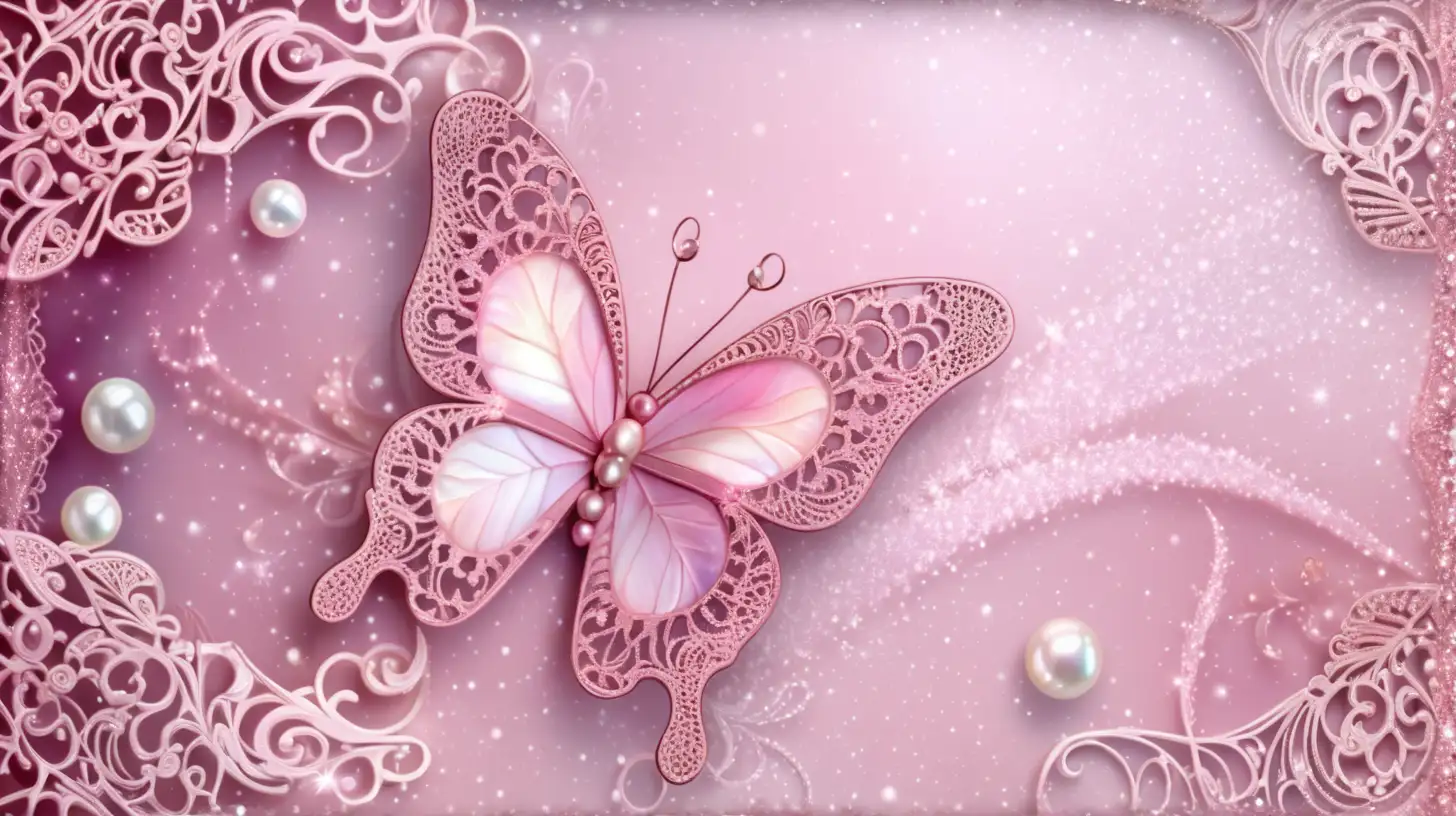 Elegant Pink Mother of Pearl Glitter Background with Delicate Filigree and Fancy Butterfly Accents