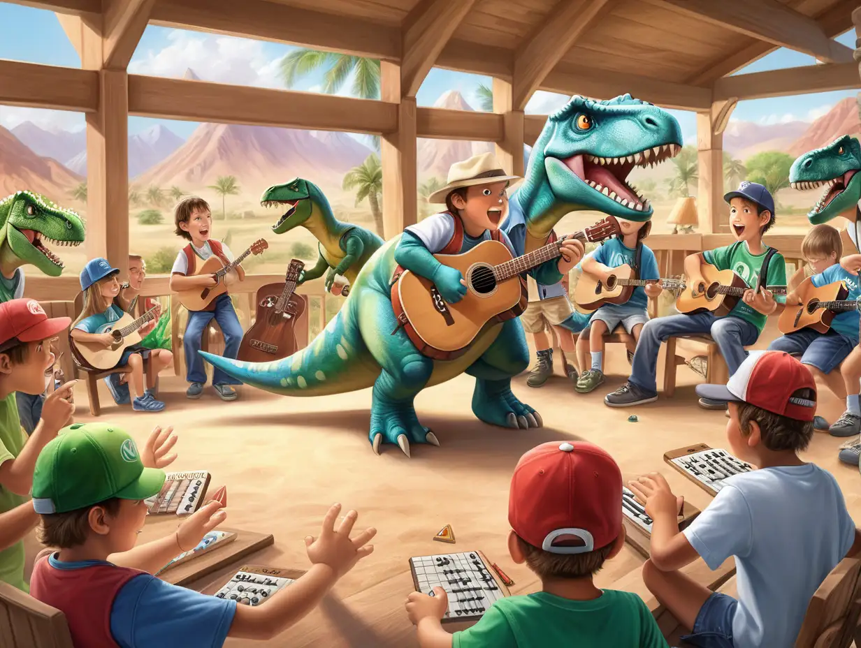Finalmente, llegó el día del torneo y todo el valle estaba lleno de emoción y anticipación. Los equipos de dinosaurios de todas partes se reunieron para competir, mientras Rex tocaba melodías animadas con su guitarra.