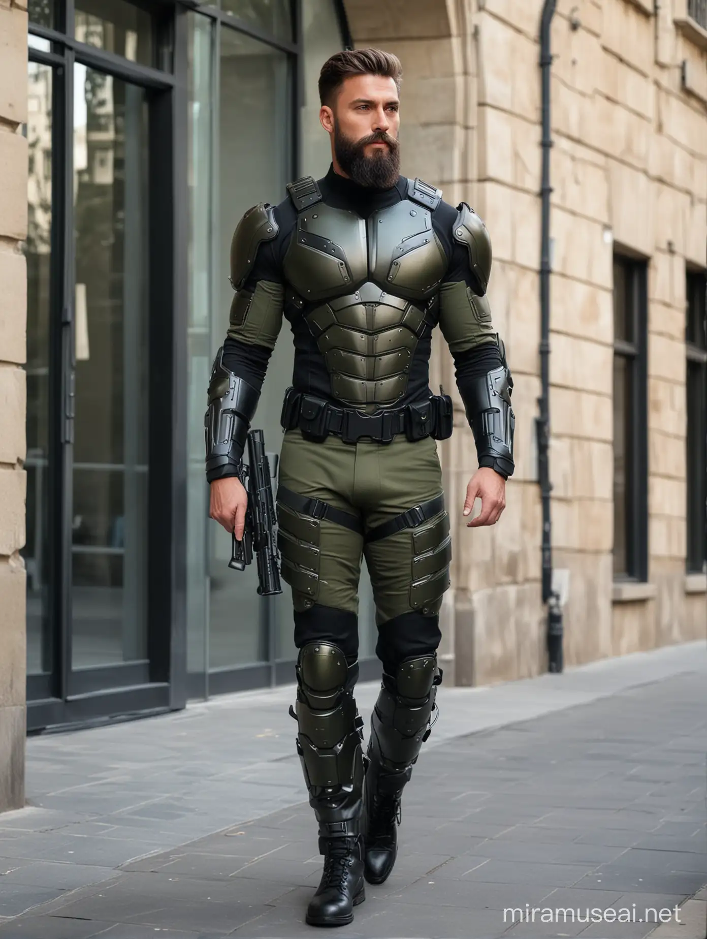 Tall and handsome muscular men with beautiful hairstyle and beard with attractive eyes and Big wide shoulder and chest in modern High Tech dark olive green and black armour suit with firearms walking outside office 
