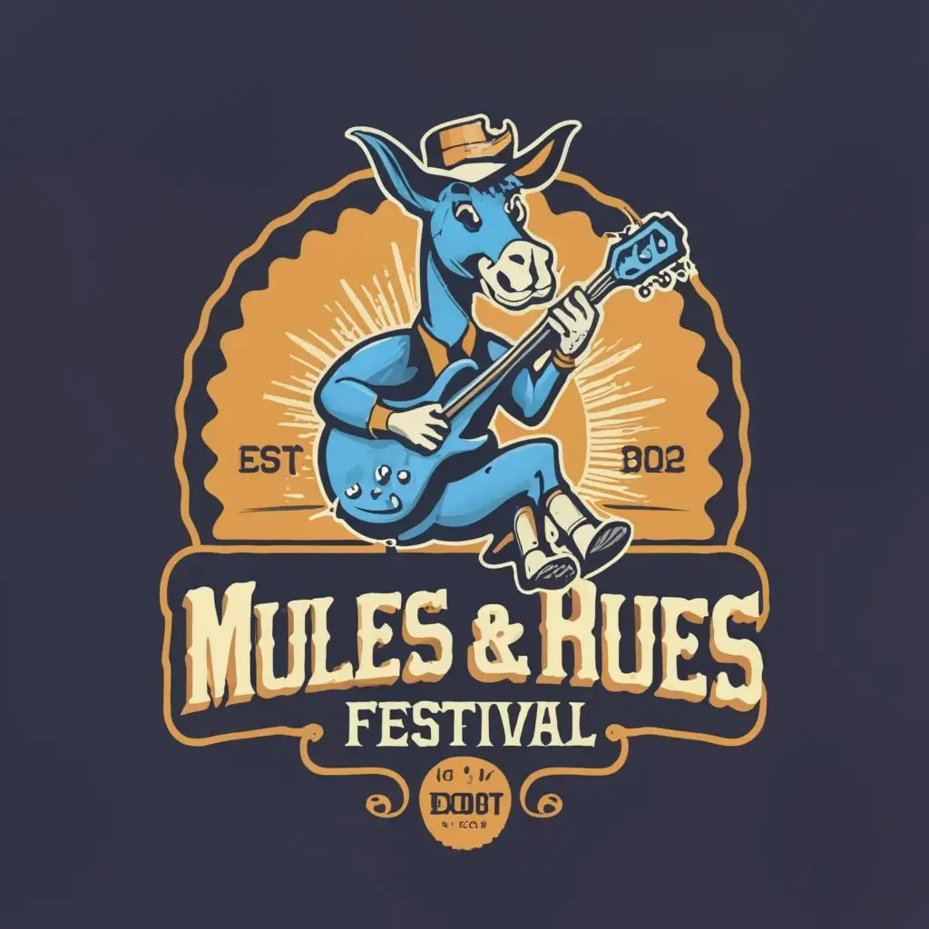 logo, Mule dressed like blues artist playing guitar, with the text "Mules & Blues Festival", typography, be used in Entertainment industry