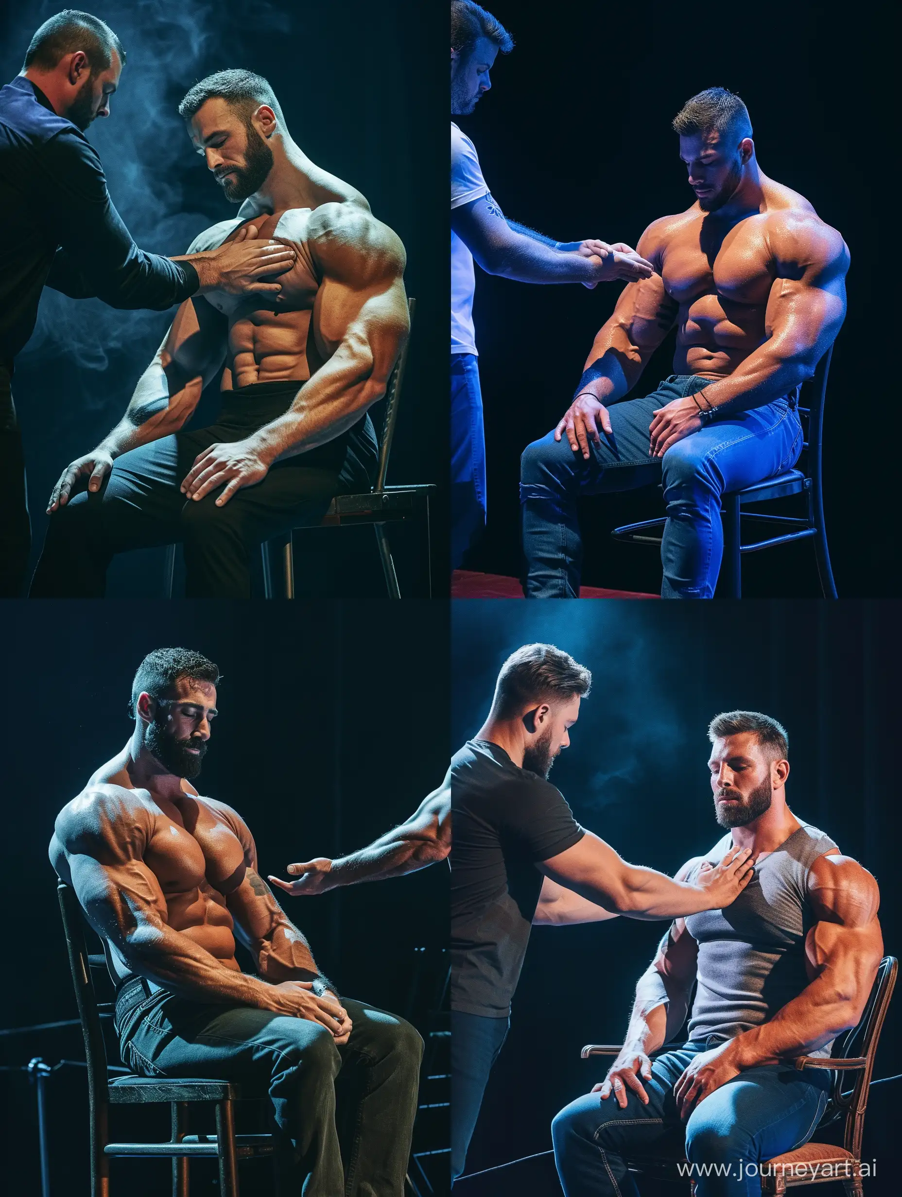 A handsome 25 years old muscular bodybuilder with a stubble, is hypnotized by a buff male hypnotist to feel sleepy in a hypnosis show. the bodybuilder is sitting on a chair on a stage with his eyes closed, while the hypnotist is shaking the bodybuilder’s hand.