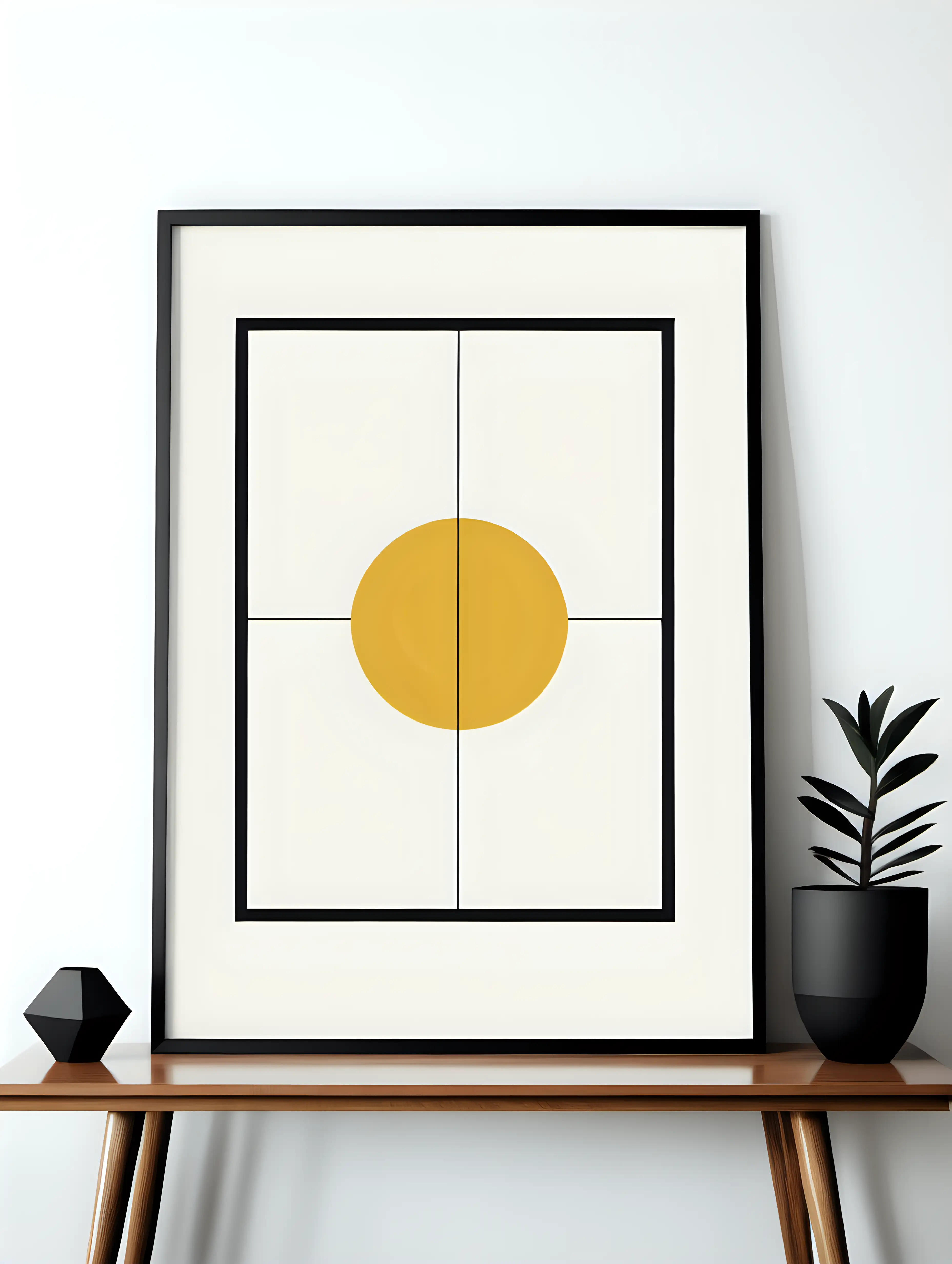 minimal geometric mid-century modern poster, yellow black white, 3 color minimal design, white background