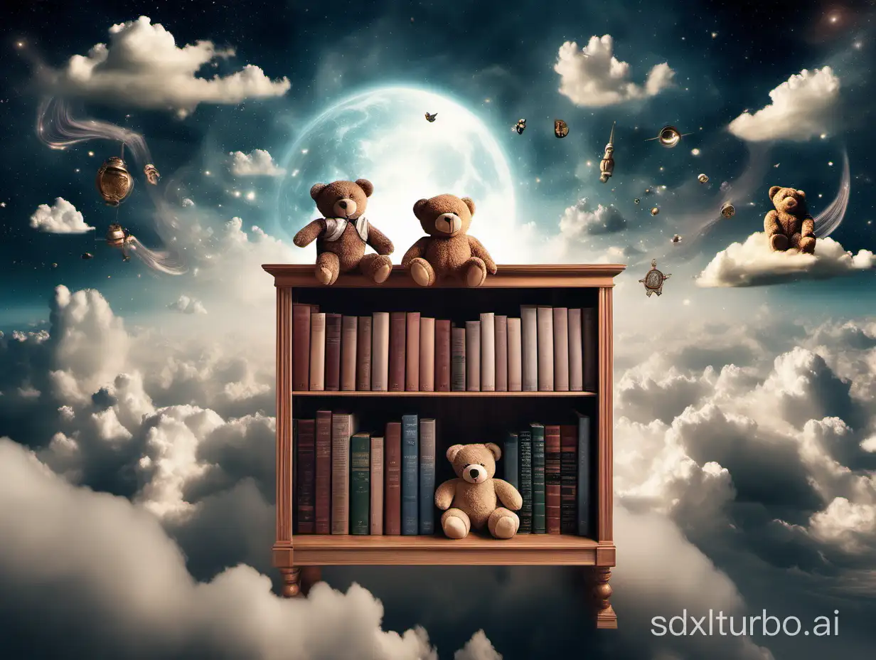 Create a dreamlike scene of a bookshelf within the clouds,  filled with volumes of knowledge across time and space, with teddy bears