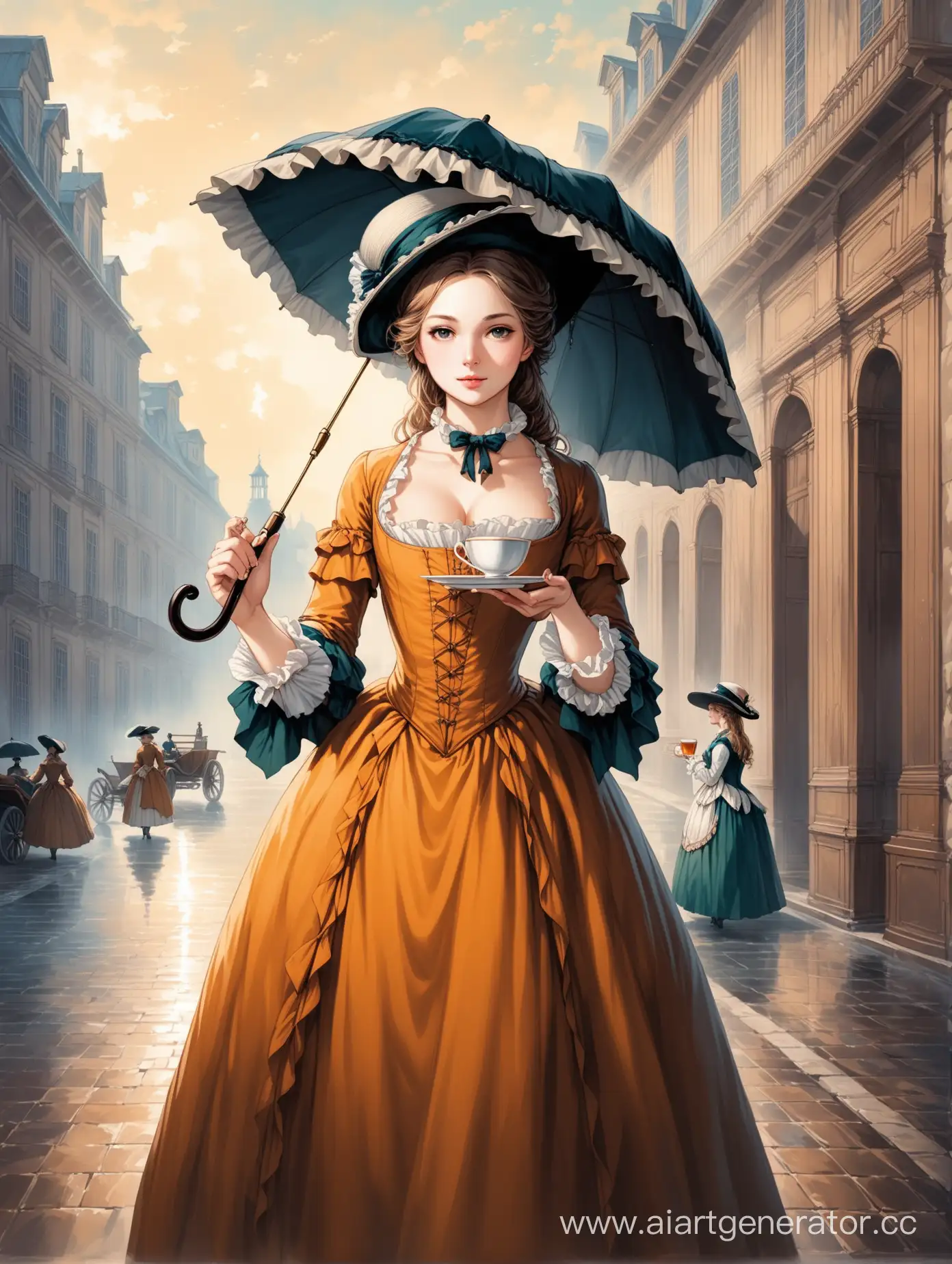 Таинственная девушка в платье и шляпе европейской моды 18 века, держит в одной руке чашечку чая, а в другой раскрытый зонт