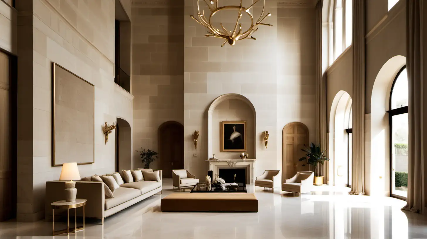 Palatial Minimalist interior; double height ceilings; beige, oak, brass colour palette; limestone

