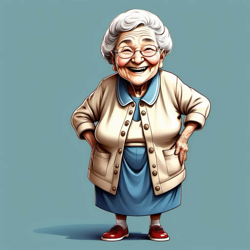 Happy Elderly Woman Disciplining with a Smile in Cartoon Style on White Background