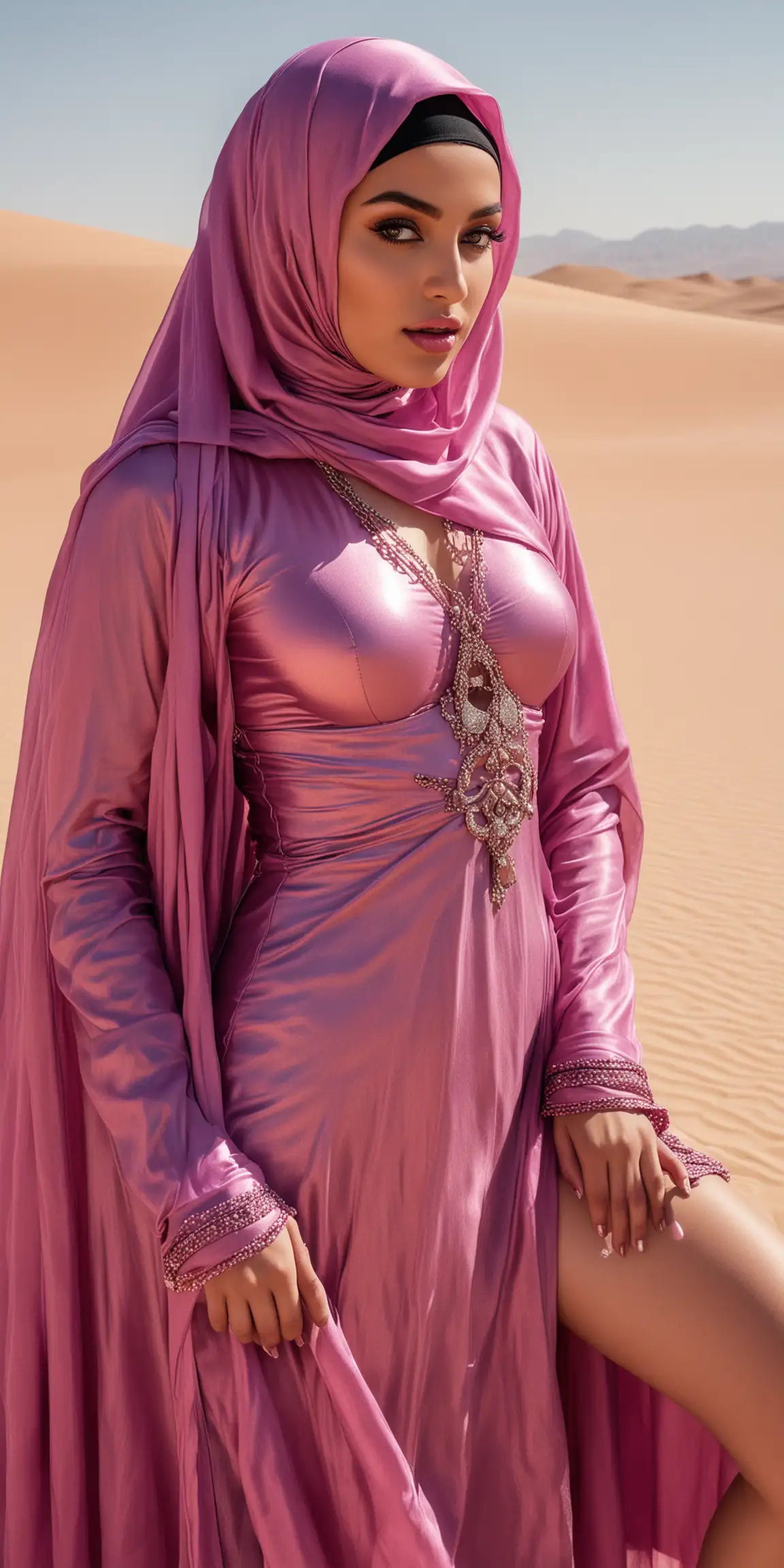 Remote luxury desert oasis. Newlywed, Fair-skinned, shy, big-breasted Niqabi Arab Muslimah in heavy gaudy bridal lipstick makeup & jewellery and 5” patent leather Louboutin heels is wearing a magenta shiny lustrous metallic chiffon skimpy-bikini with a metallic niqab long, loose, drapey fabric *hides her face*.