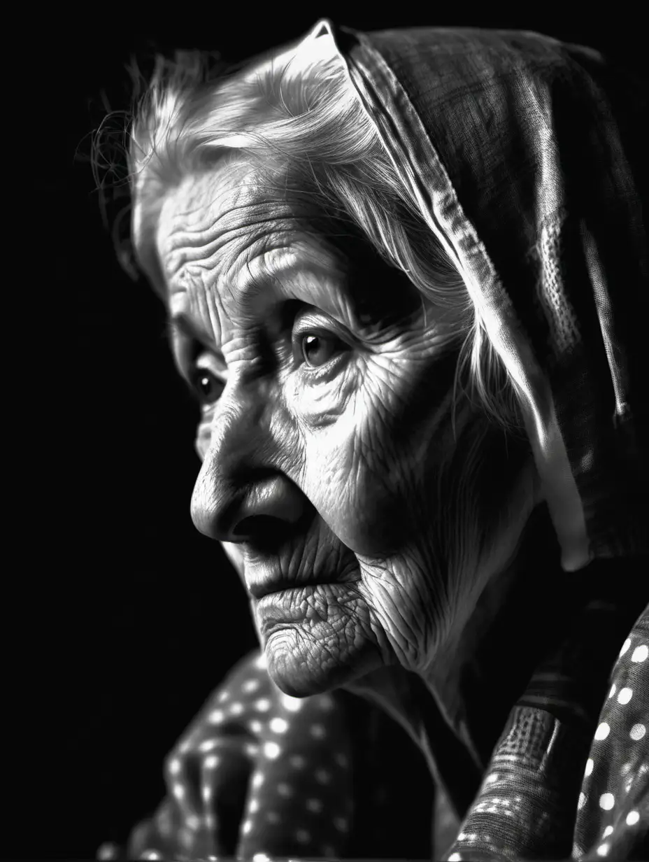 Nachdenkliche alte Frau, die Hälfte des Gesichts liegt im Schatten, schwarz weiß