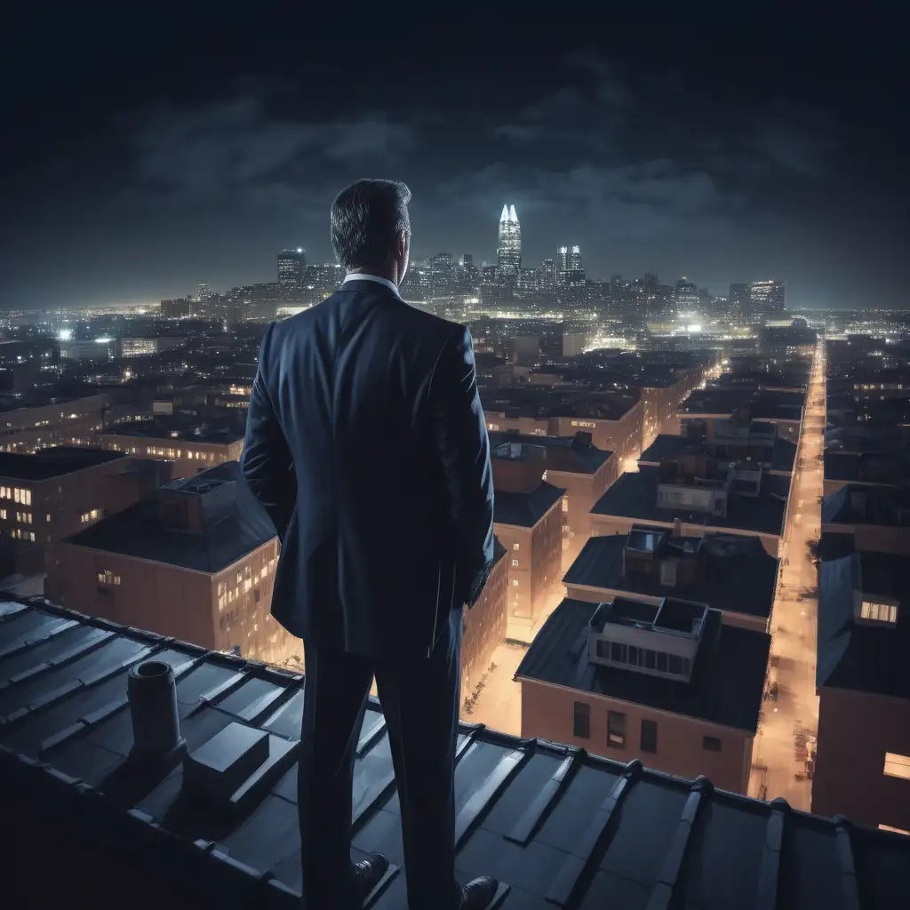 Expert Criminal Lawyer Overlooking City Rooftops at Night
