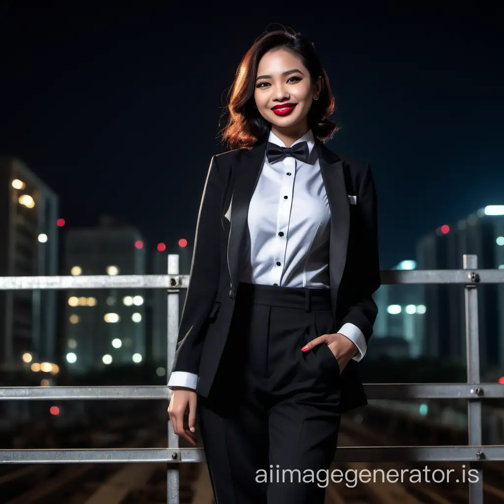 It is night. A sophisticated and confident Malaysian woman with shoulder length hair and lipstick.  She is facing you while walking toward the edge of a scaffold.  She is wearing a black tuxedo with a black jacket.  Her shirt is white.  Her bowtie is black.  Her cummerbund is black.  Her pants are black.  Her cufflinks are black.  She is smiling and laughing.  She is relaxed.  Her jacket is open.