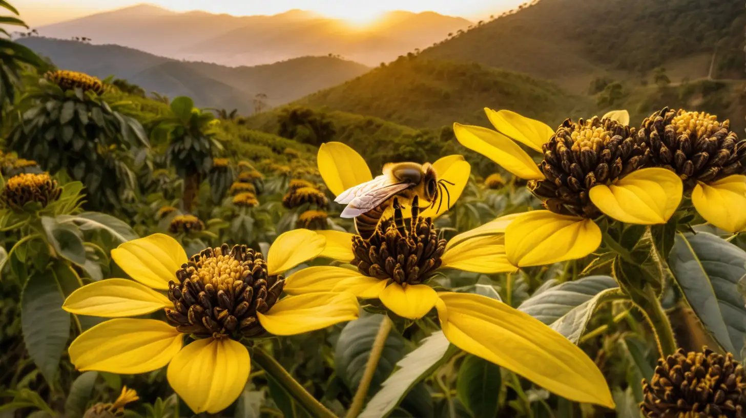 Abejas enormes en flores, en montañas con cultivos orgánicos de café, granos básicos , en cerros con muchos árboles, y atardecer. Colores dorados, blanco y negro. En Chalatenango, El Salvador. 