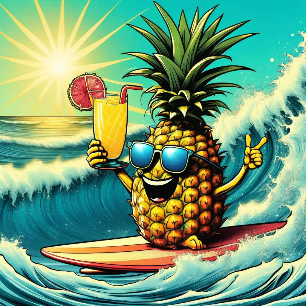 A cheerful pineapple riding a huge wave on a blue surfboard. The pineapple is wearing stylish sunglasses and holding a margarita drink in one hand.. The sun shines brightly overhead, casting a warm glow on the scene. The waves crash behind the pineapple as it balances effortlessly on the surfboard.