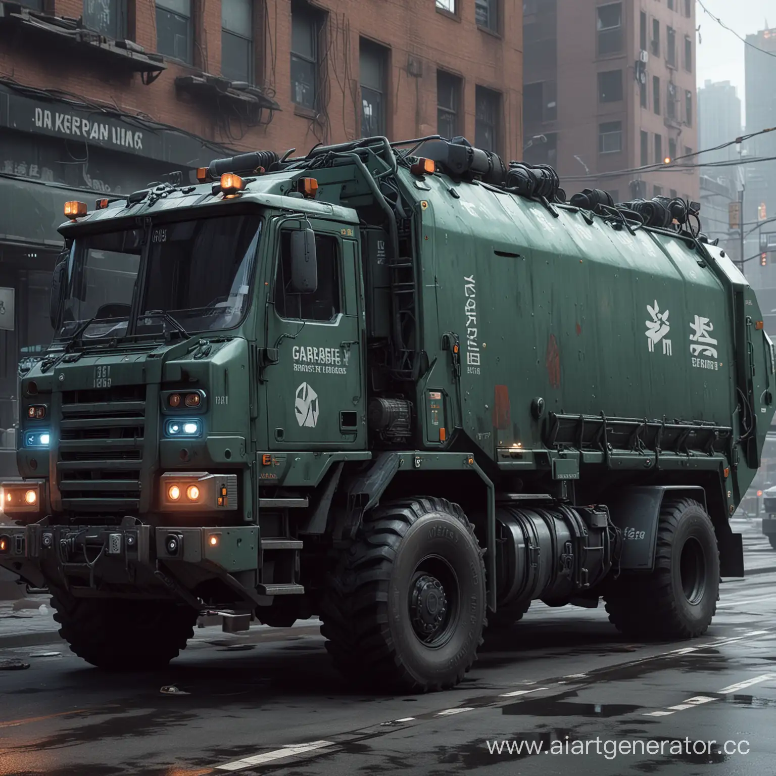 Cyberpunk-Scene-Garbage-Truck-Amid-Neon-Cityscape