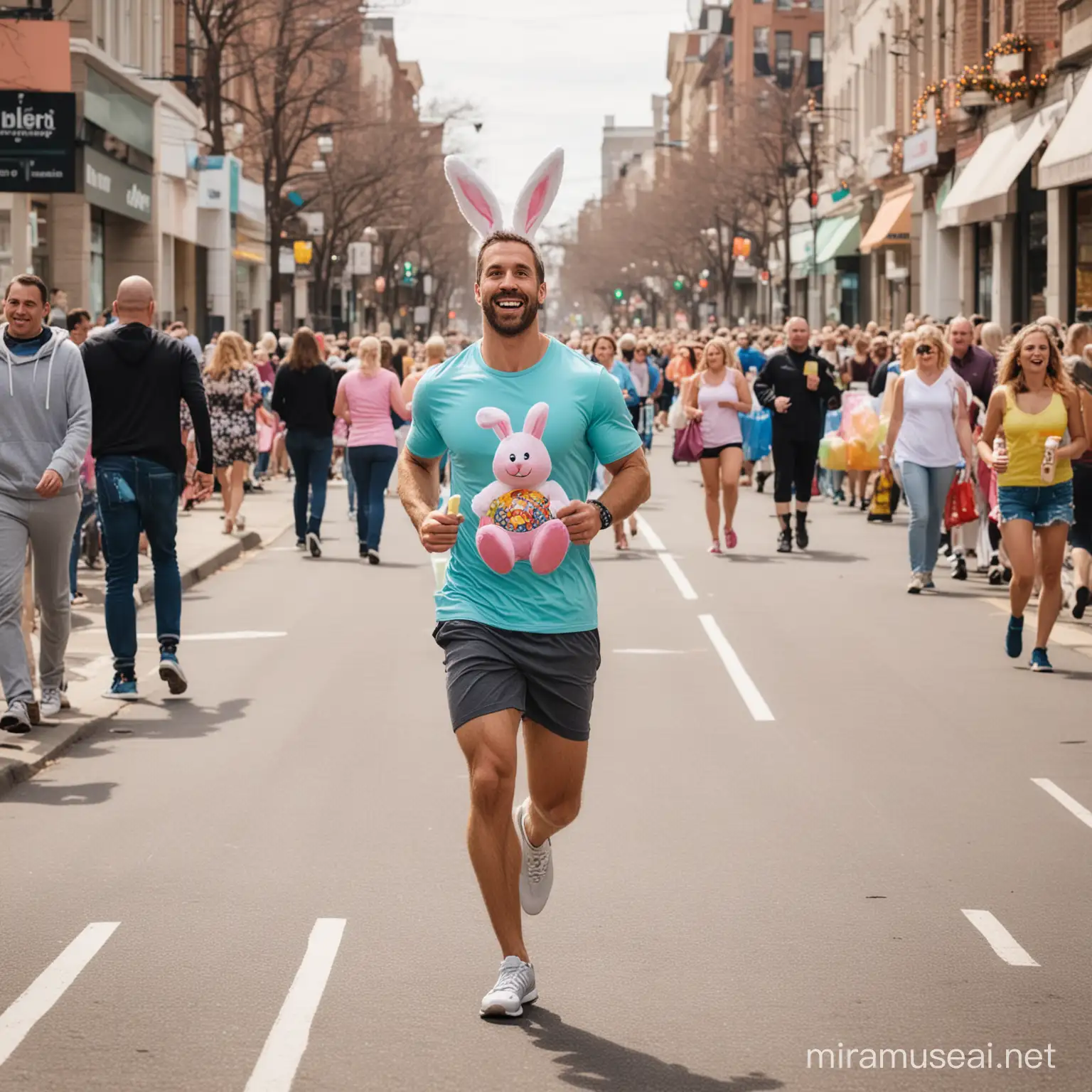 Joyful Easter Celebration Man Running with Shopping Bag