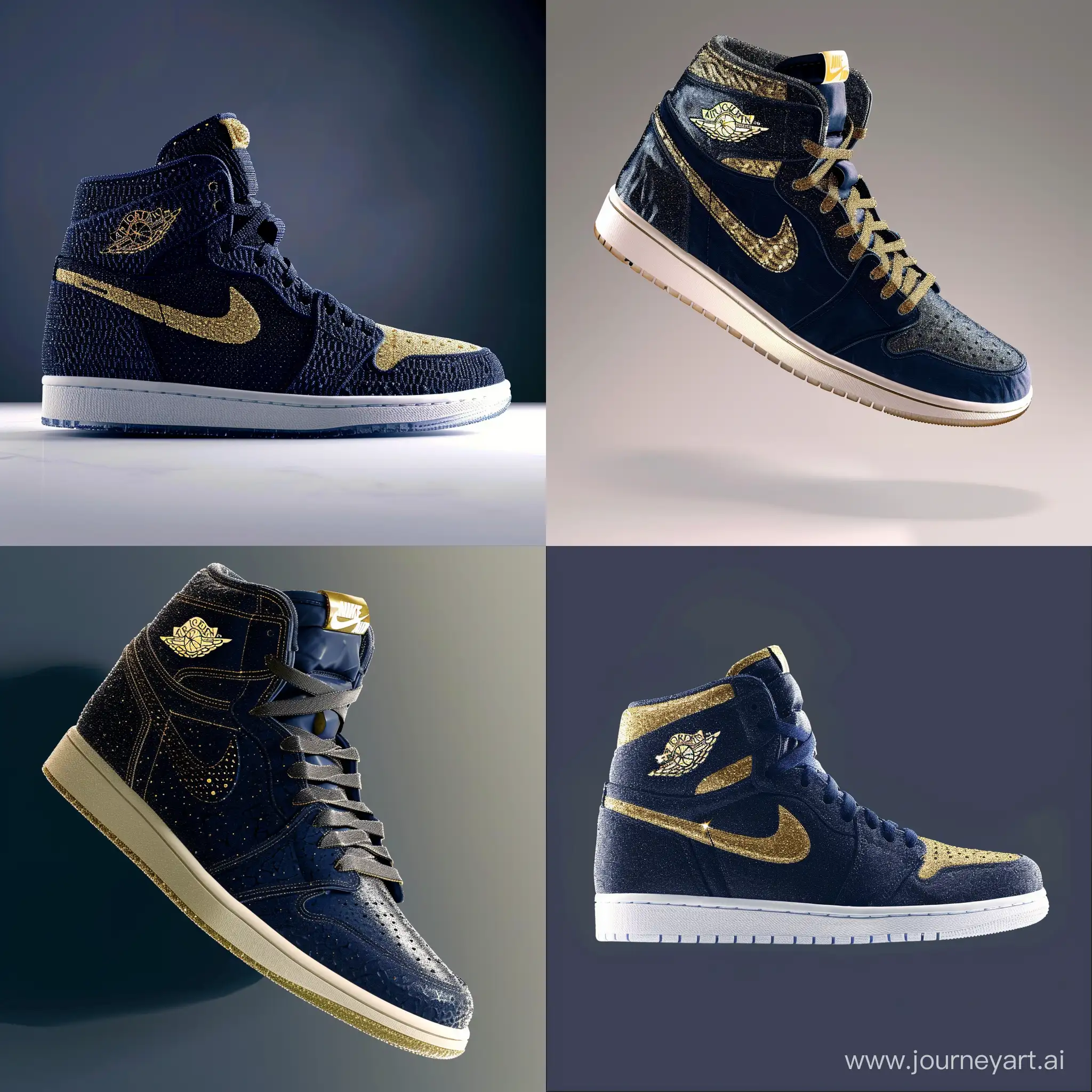 Blue-Navy-Nike-Air-Jordan-1-Sneaker-with-Gold-Persian-Art-Design-on-Simple-Background