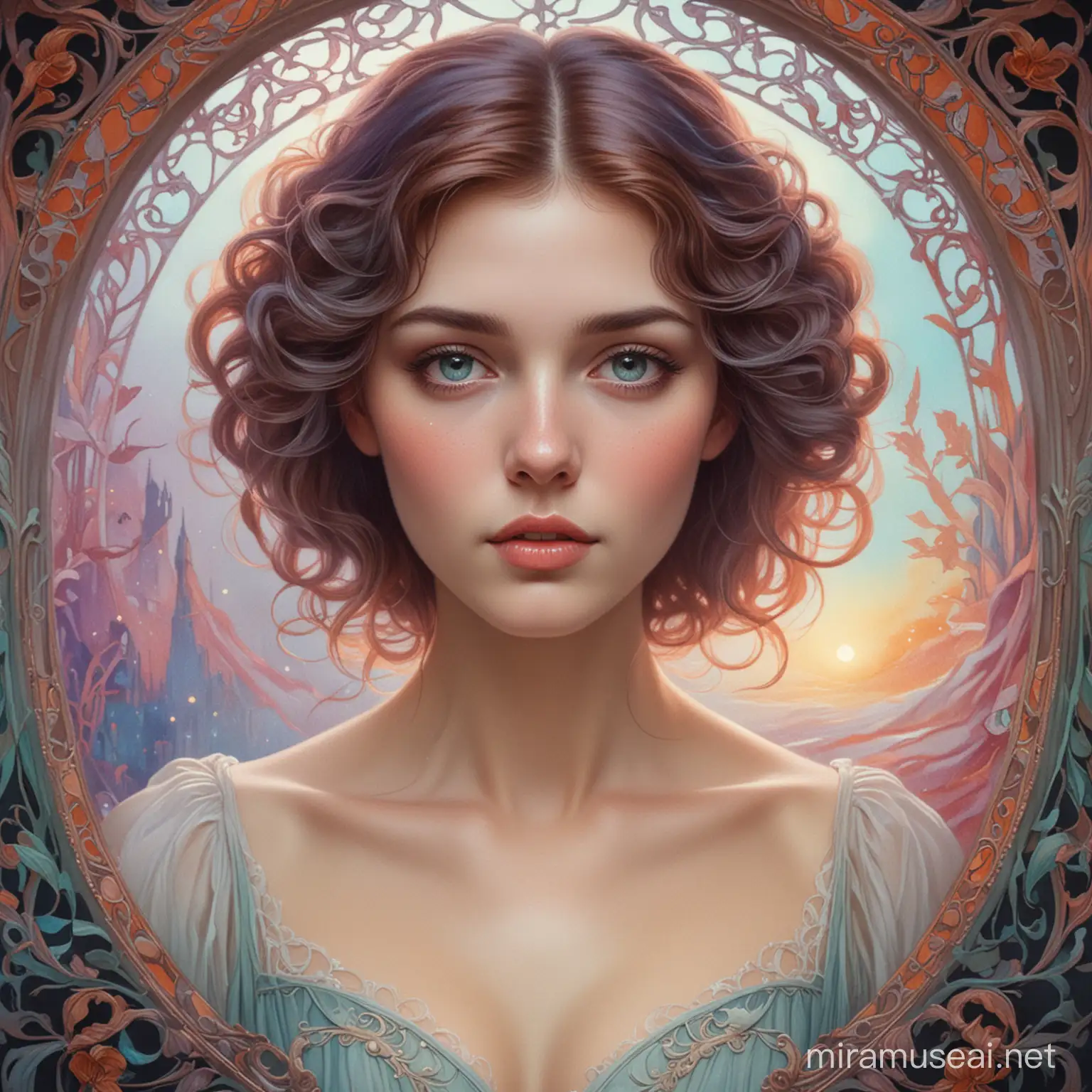 art nouveau style, beautiful woman with hazy eyes, ghostly, magical, colorful