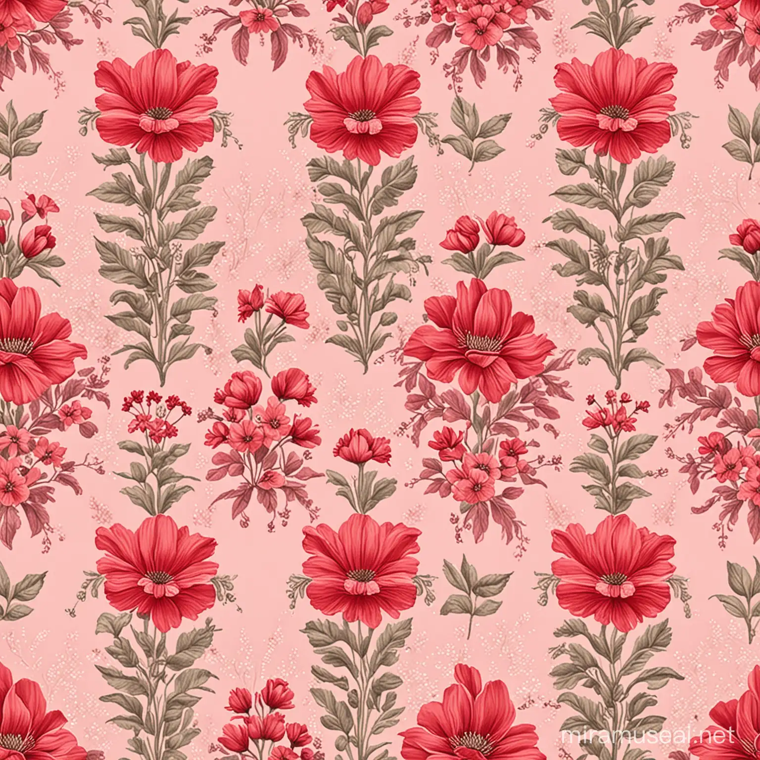 Victorian Style Floral Pattern on Pastel Pink Background with Red Flowers