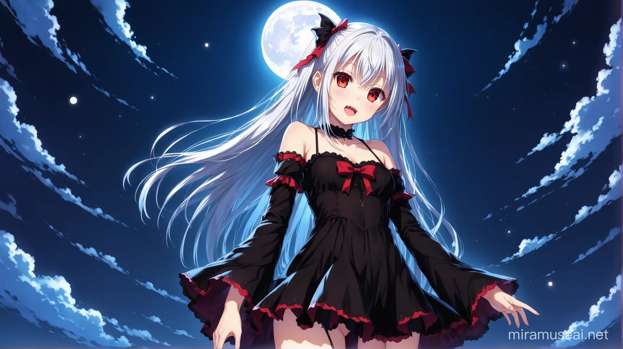 Aesthetic ((1girl)), ((Yami Eve Golden Darkness/To Love-Ru/)), a young and cute vampire girl, long silver hair and vampire fangs and red eyes, standing, ((petite body)), low angle, from below, night, Dutch angle, full moon, ((high detail)), ((best quality)), detailed eyes, wearing a black outfit with detached sleeves, wide irises, ((cold expression)), ((aloof)), standing, full body, moonlight, two side up hairstyle, ((looking at viewer))