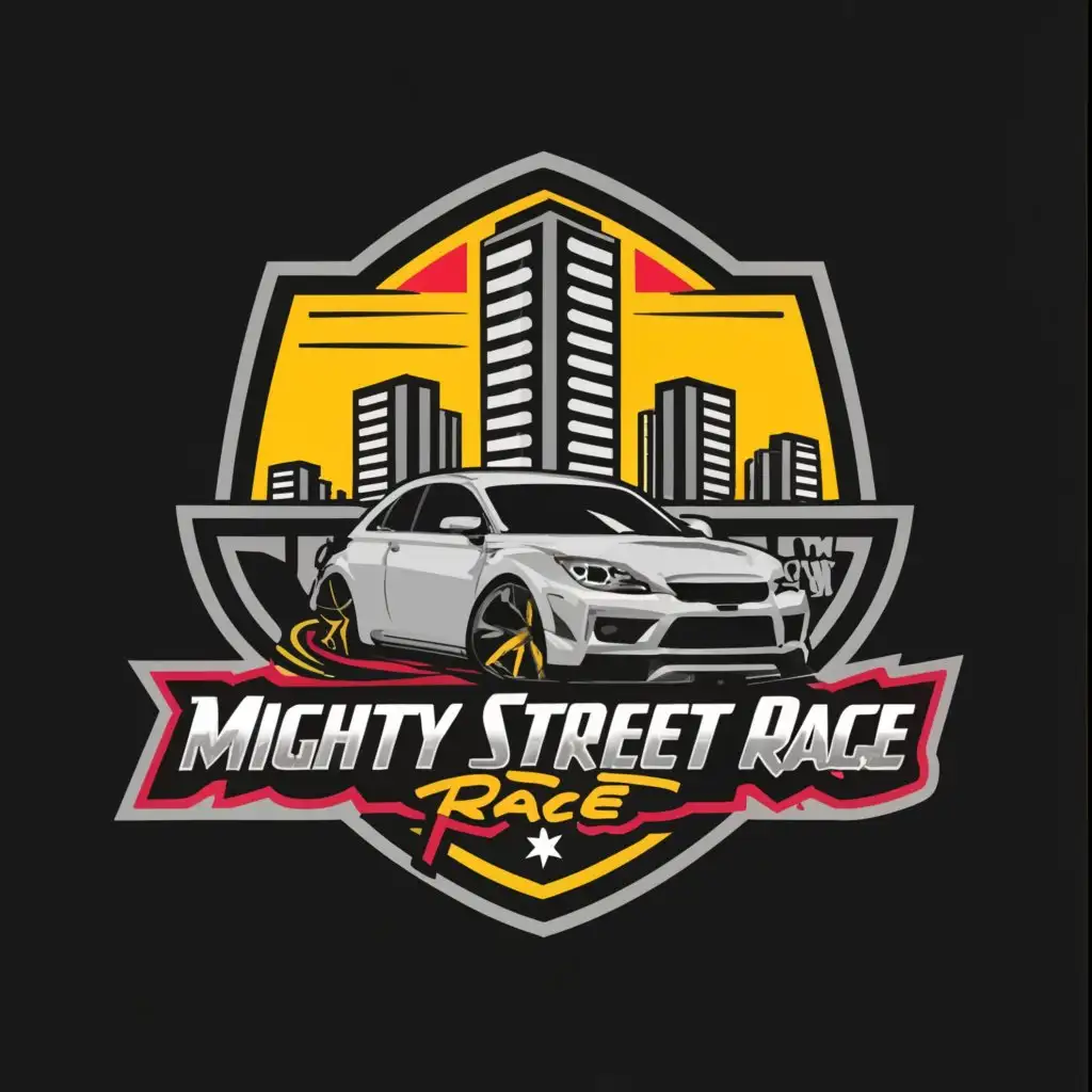 a logo design,with the text "JDM MIGHTY STREET RACE", main symbol:CITY CAR SPORT,Moderate,be used in Automotive industry,clear background