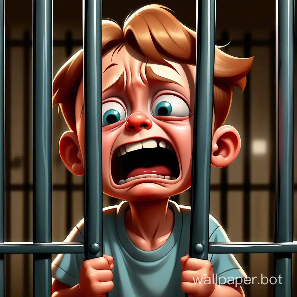 a kid crying behind vertical prison bars, funny cartoon style