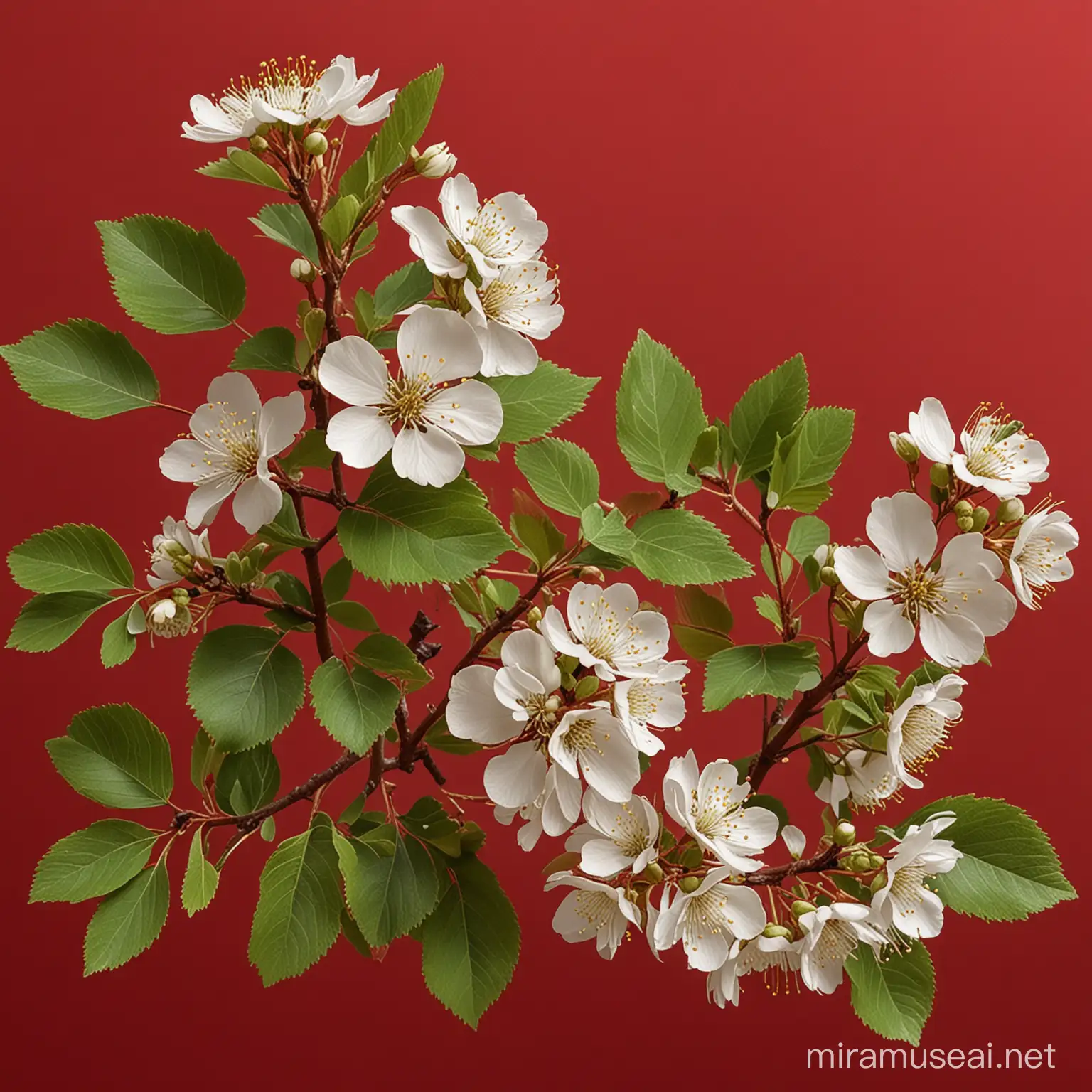 generate WHITE HAWTHORN BLOSSOM flowers with leaves on red color #ED0000 background
