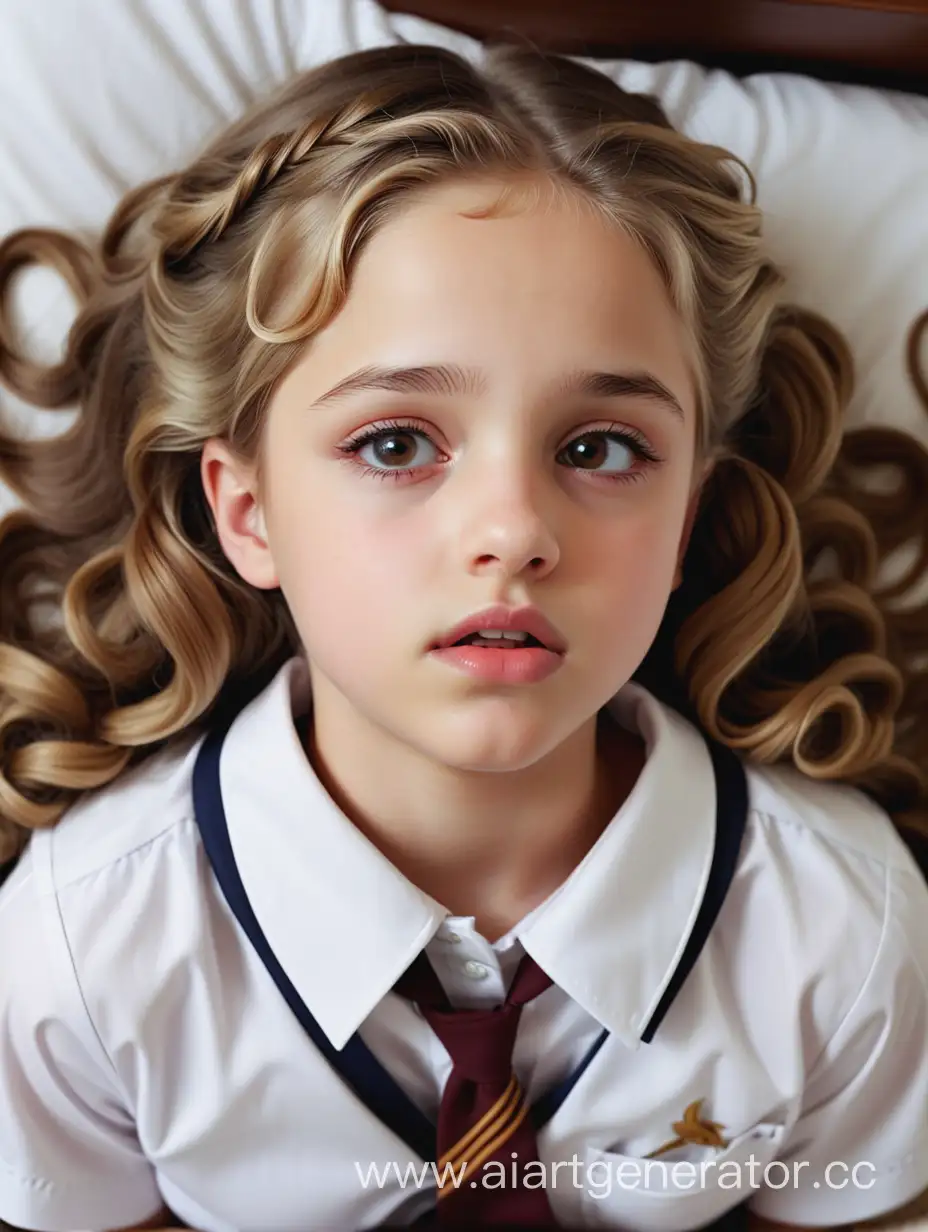 A girl. The girl wears a school uniform. 12 years old. Close-up. The photo taken from top. Lying on the bed. Bird's eye view. Plump lips. Close up. Head top view. Close up. The girl is sad. The girl looks like angelina dianna agron. The girl has so long ringlets hair. Brown hair.