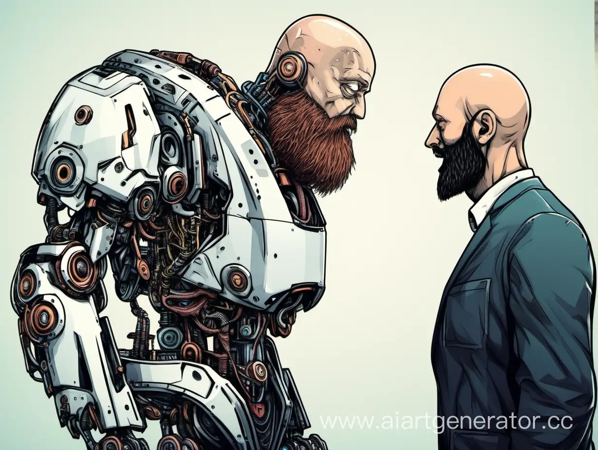 робот и человек смотрят друг на друга (смотрит на бородатого лысого парня)