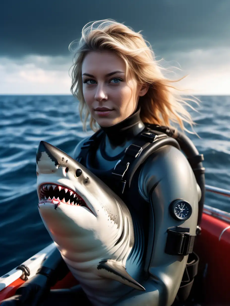 Beautiful Nordic woman, very attractive face, detailed eyes, big breasts, slim body, dark eye shadow, messy blonde hair, wearing full scuba gear with air tanks, sitting in a boat on the ocean, huge great white shark fin sticking out of the water, close up, bokeh background, soft light on face, rim lighting, facing away from camera, looking back over her shoulder, photorealistic, global illumination, very high detail, extra wide photo, full body photo, aerial photo