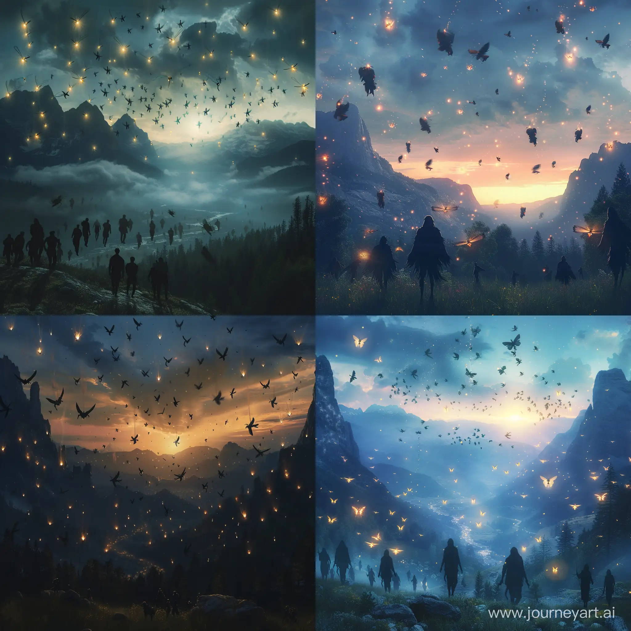 This picture shows a twilight landscape where the majestic sky is illuminated by the bright lights of Doomsday. People, whose silhouettes have been turned into moths, slowly rise to the sky, like the smallest particles. They fly in all directions, surrounded by twinkling fireflies, symbolizing their departure into the unknown. Mountains and natural elements surround the scene, but they seem inaccessible and insurmountable, while people are fleeting and fragile in this majestic moment.