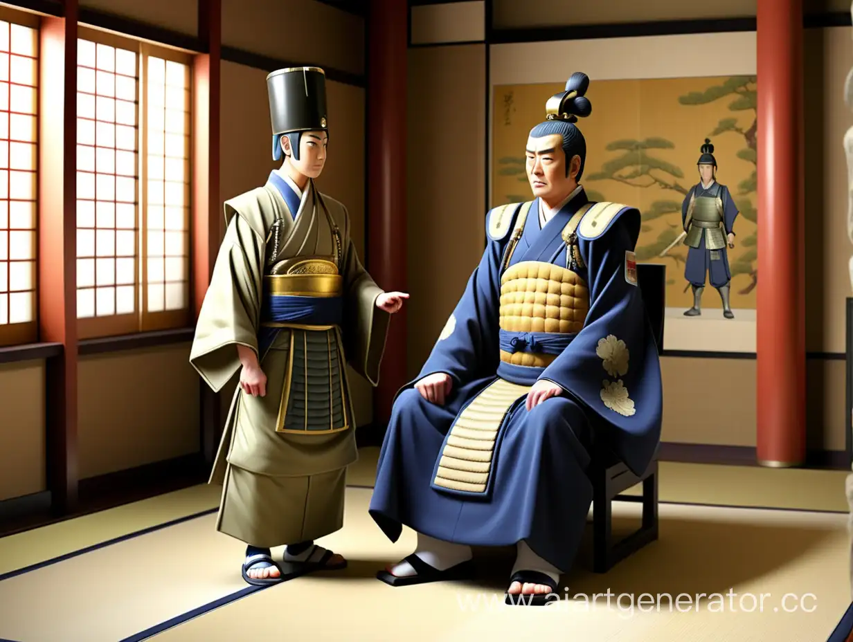 император во дворце рядом парень 16 лет в военной одежде древние времена Япония