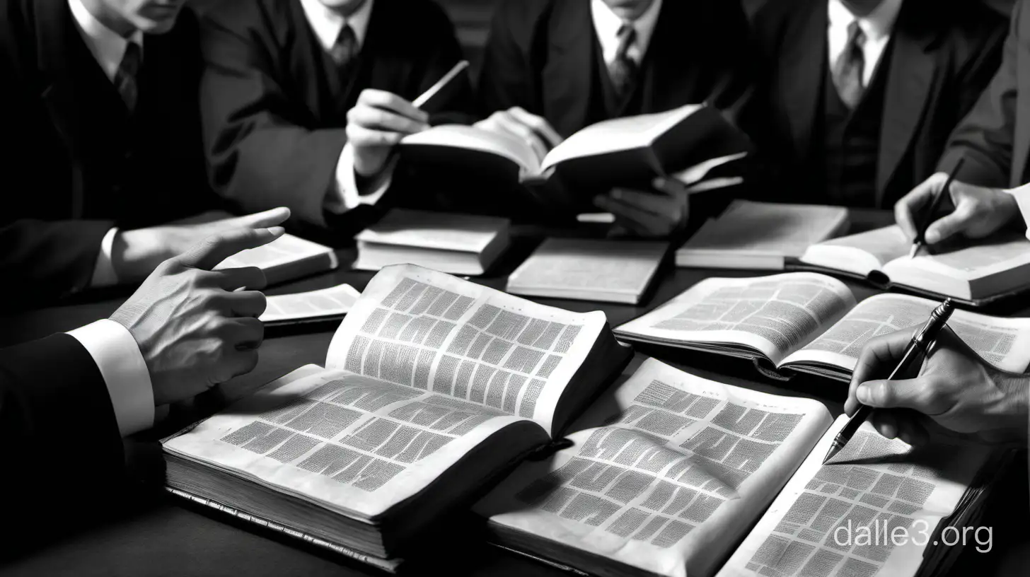 Textos legales antiguos abiertos con notas al margen, estudiantes de derecho y profesores de los años 1920 discutiendo en grupo, en blanco y negro, atmósfera de estudio e intercambio de ideas.