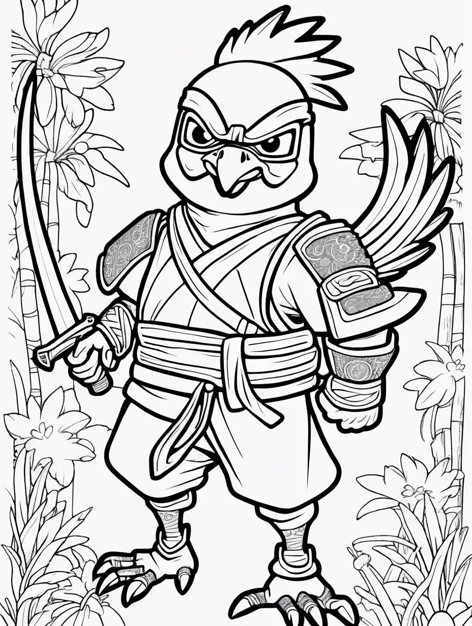 Ninja Chicken Coloring Page for Kids Fun Martial Arts Bird Illustration
