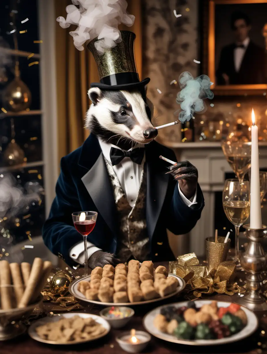 A badger dressed up for a new years eve party smoking a joint with many of his badger friends in a very elegant house with confetti everywhere