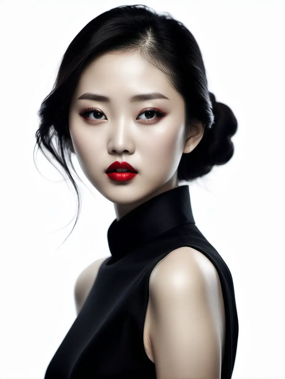 Chinese ink style portrait of Chinese photographer Zhang Jingna, wearing a black dress and red lipstick with an elegant face against a white background. A flat, high definition illustration in the style of Chinese ink. --ar 71:129 --stylize 750