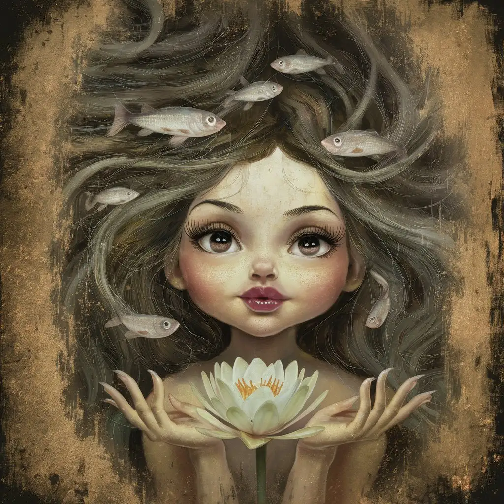 Whimsical Girl Holding Water Lily Vintage Dry Brush Painting with Fish Passage