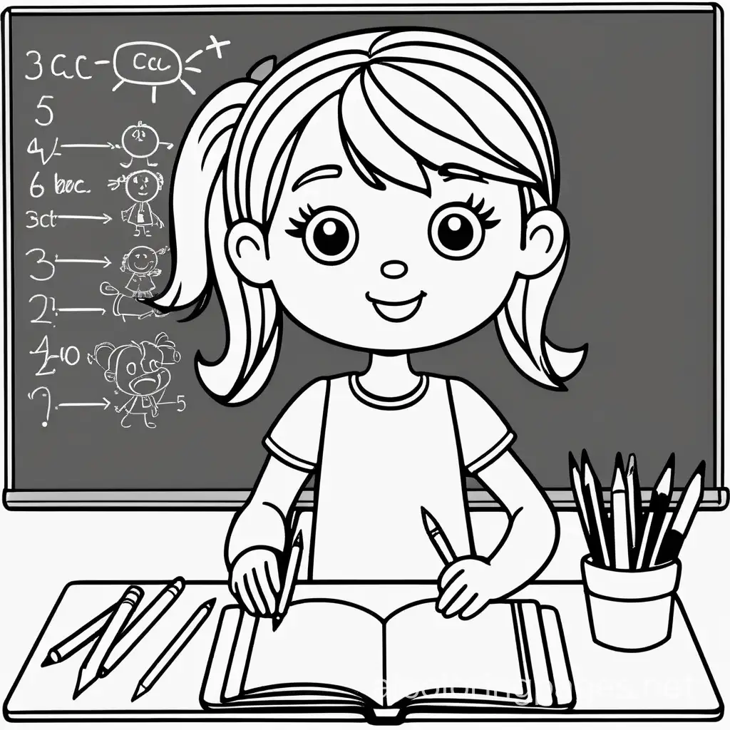 Intelligent girl with blackboard, Coloring Page, black and white, line art, white background, Simplicity, Ample White Space. The background of the coloring page is plain white to make it easy for young children to color within the lines. The outlines of all the subjects are easy to distinguish, making it simple for kids to color without too much difficulty