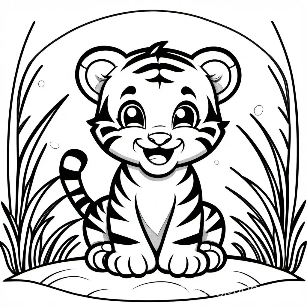 cute baby tiger playing laughing coloring page, Coloring Page, black and white, line art, white background, Simplicity, Ample White Space. The background of the coloring page is plain white to make it easy for young children to color within the lines. The outlines of all the subjects are easy to distinguish, making it simple for kids to color without too much difficulty