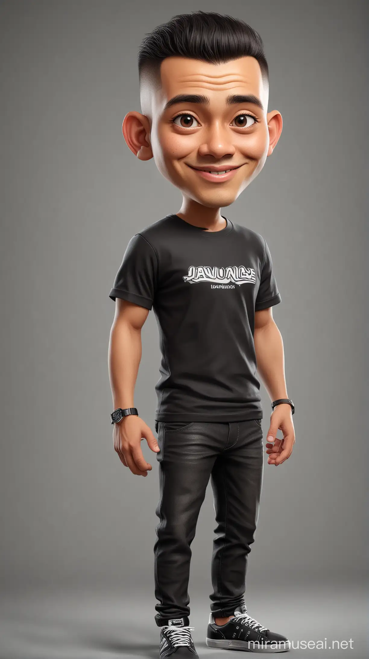 Caricature of a Javanese cute man with normal face,black t-shirt, crew buzz cut, innocent pose, full size body in photoshoot session, caricature character 