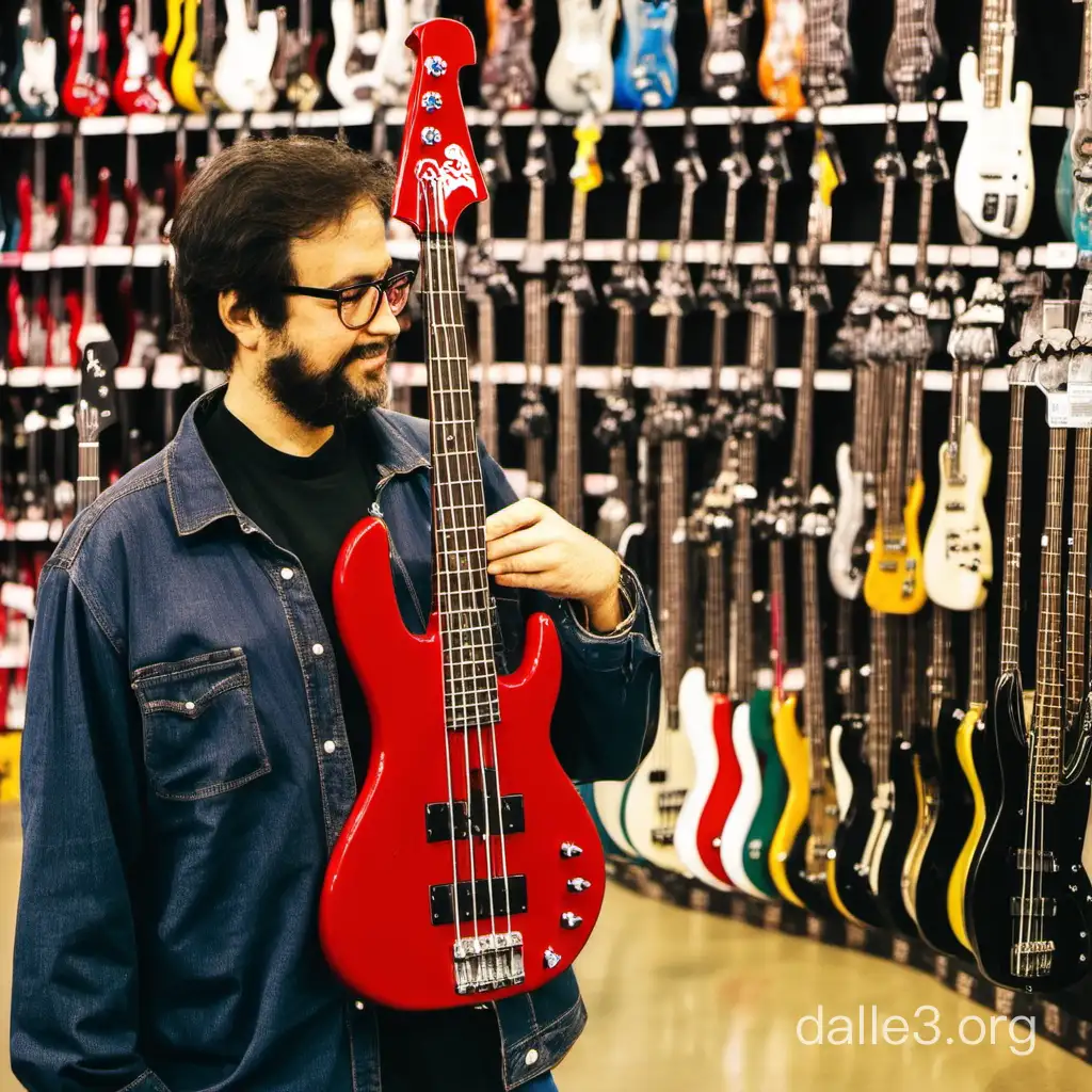 человек в магазине покупает бас-гитару