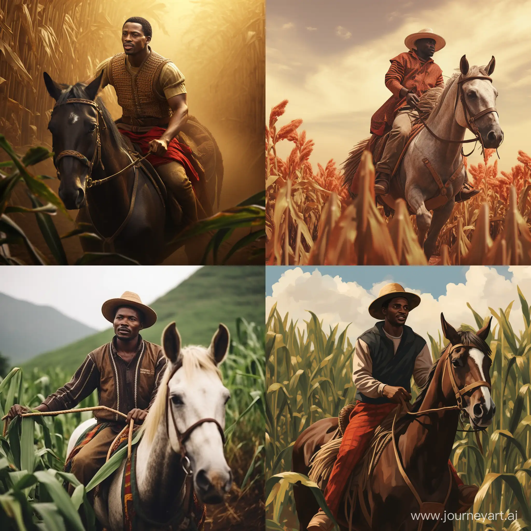 Africa man riding horse in maize plantation