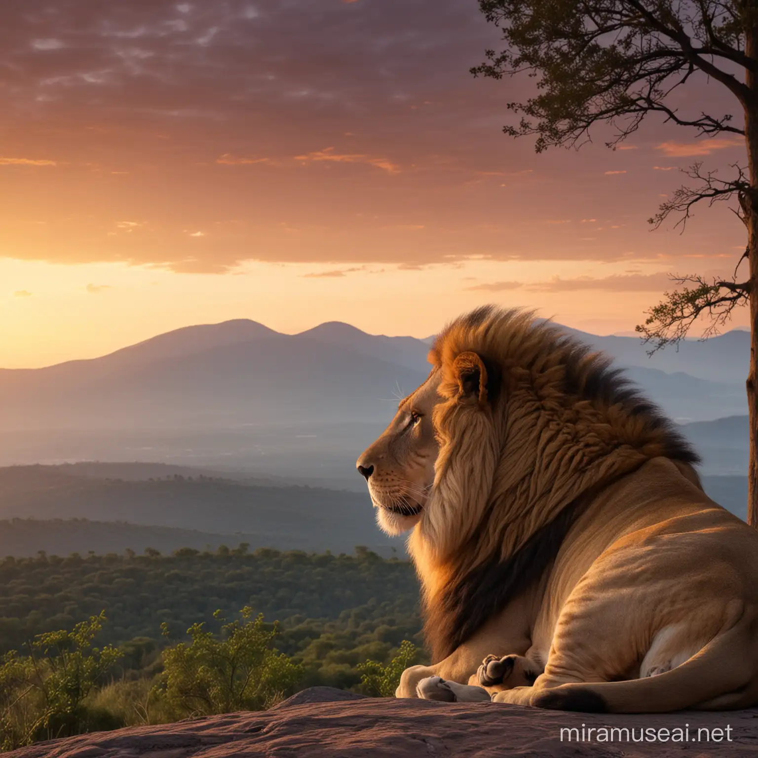 Majestic Lion Contemplating Sunset in Forest Mountain Scene
