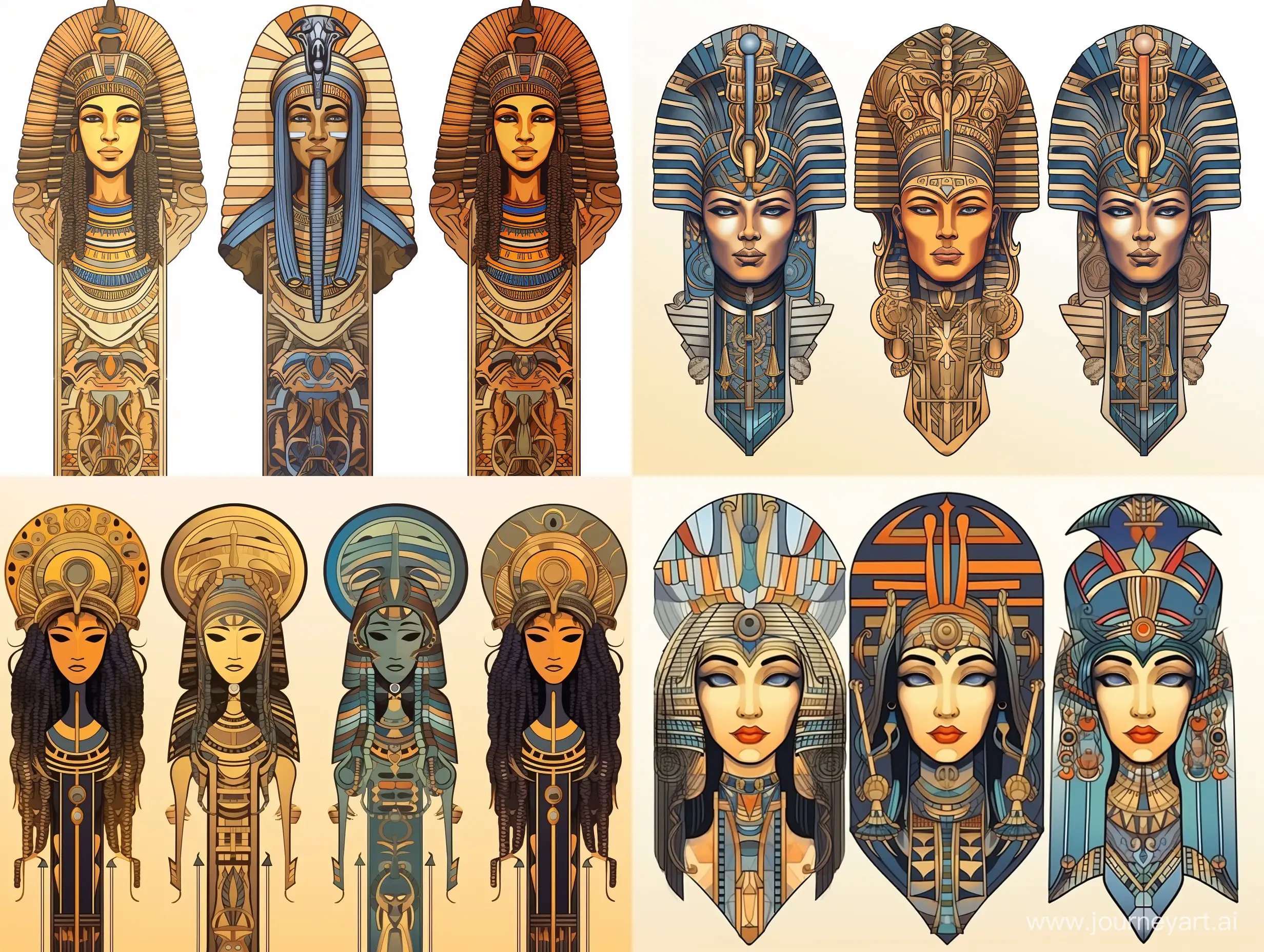 Four variants of the ornamental drawing of ancient Egypt, waist portrait, vertical mirror image, stylized caricature, flat illustration, watercolor, ink , Victor Ngai style