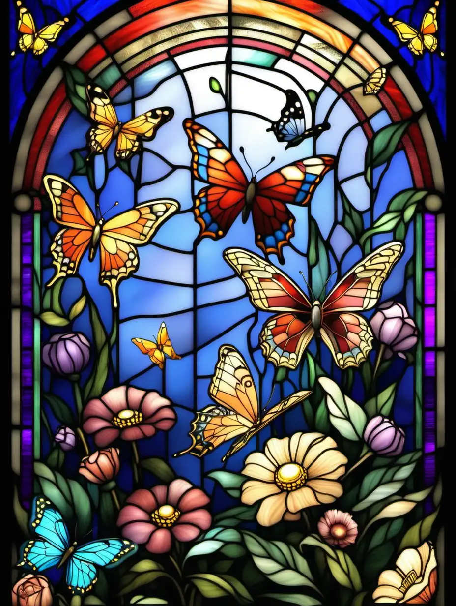 Vibrant Stained Glass Flowers and Butterflies in Artistic Harmony