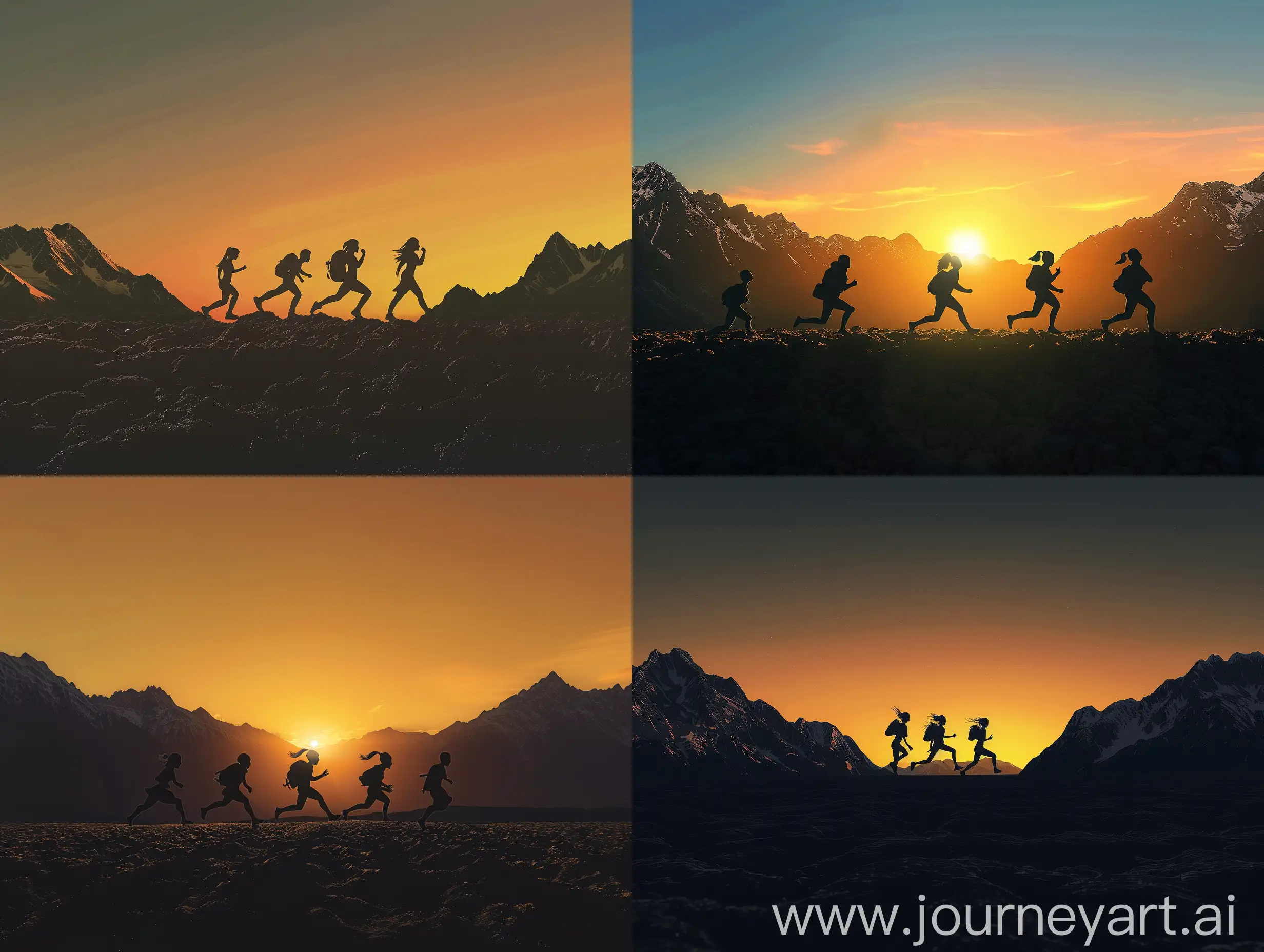 clear sunset, mountains left and right, silhouettes of four fantasy small travelers compared to the mountains in the center running to right, front view, beneath image black earth, side view --cref https://cdn.discordapp.com/attachments/1110487272400375889/1220035852936286318/1710948322157n5spx63t1.png?ex=660d79ee&is=65fb04ee&hm=71ff0cf48ee5644ce1ac19351c7d60989a47c87730c7a28d1a69c6cb8927f138&