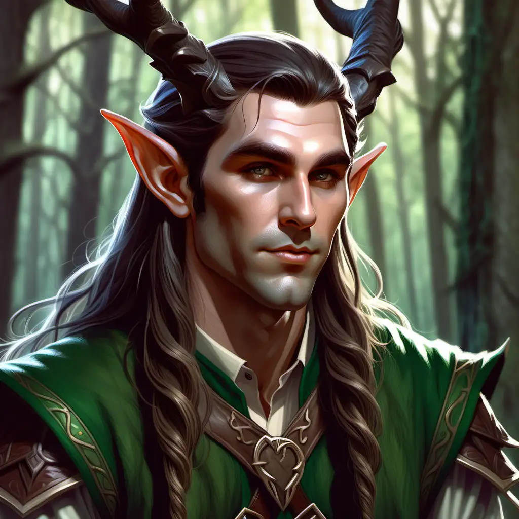 Detailed Elf Druid with Long Hair and Horns in Enchanted Forest