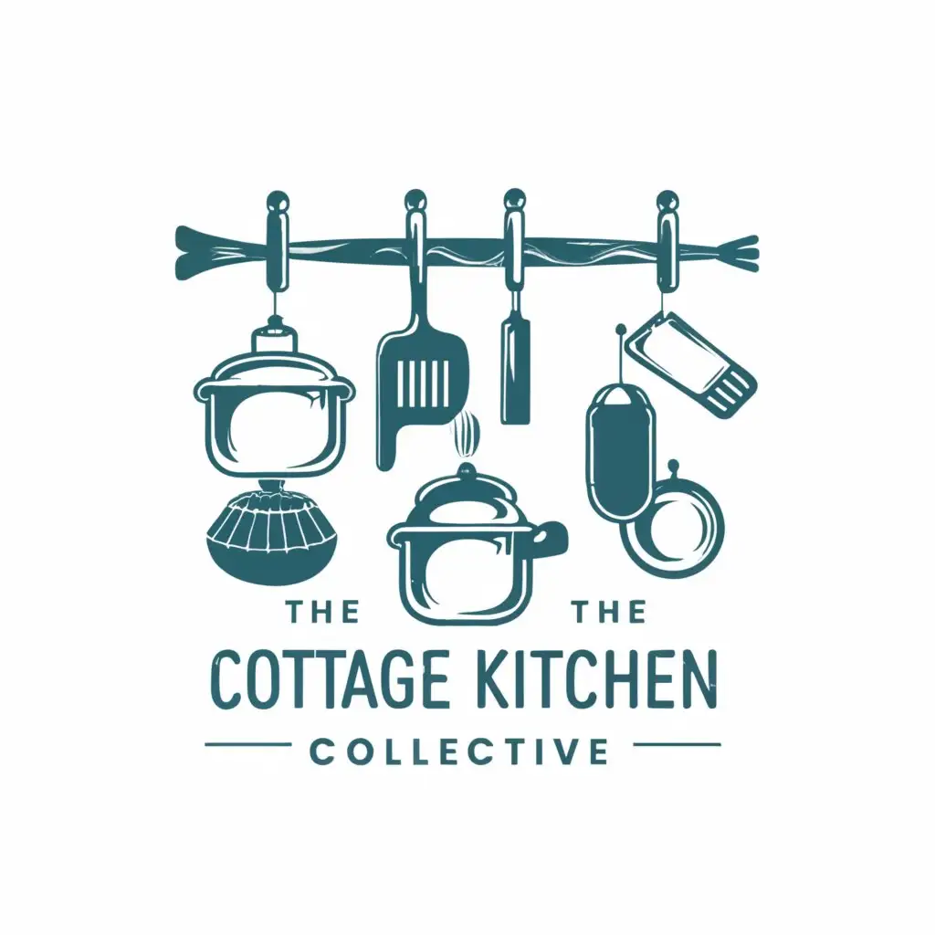 a logo design,with the text "Cottage Kitchen Collective", main symbol:main symbols: utensils hanging bar with:pots+pans+utensils, music,complex,whimsical,colorful,water colors,main color:marseille blue,be used in Restaurant industry,clear background,complex,be used in Restaurant industry,clear background