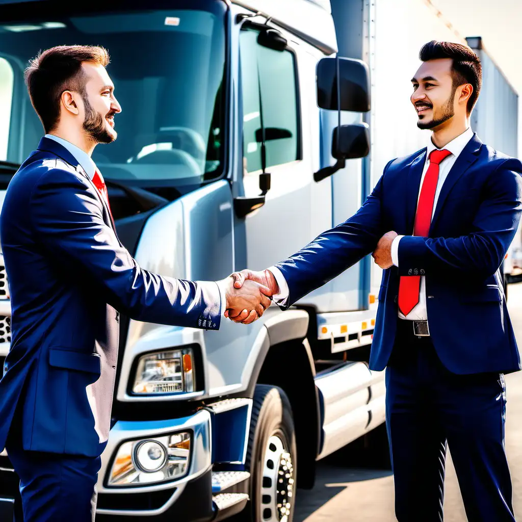 professional photo with reflection. of a truck sales man selling a truck to a customer of a logistics company. shaking hands with the customer