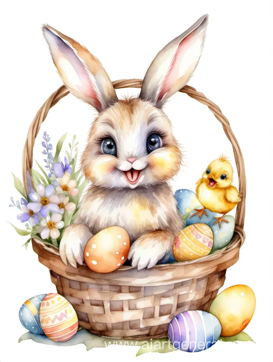 Adorable-Easter-Bunny-with-Basket-of-Eggs-and-Cute-Chick-Watercolor-Delight